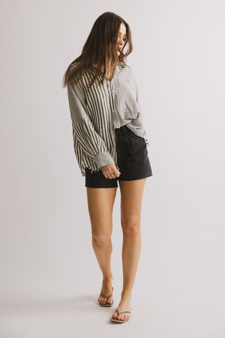 Gia Striped Button Up in Black