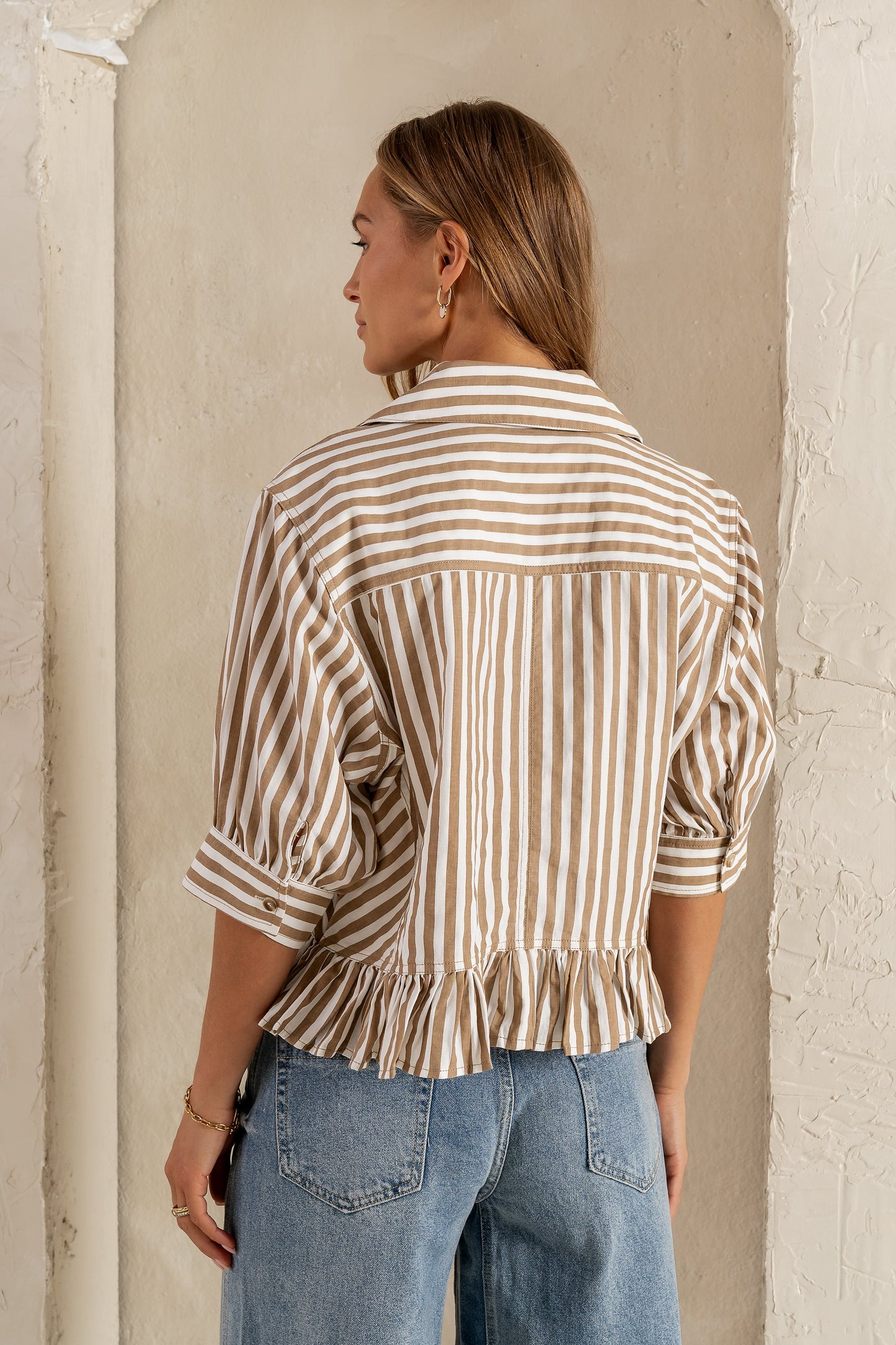 Avery Striped Blouse in Tan - FINAL SALE