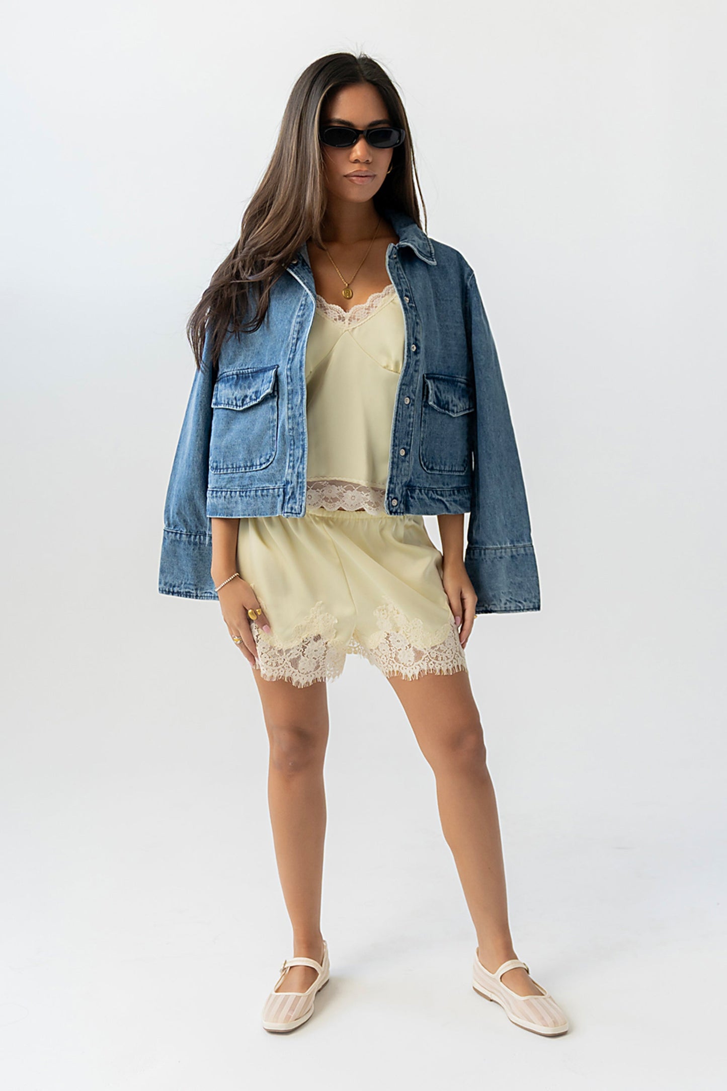 Bricelyn Lace Trim Satin Shorts in Yellow