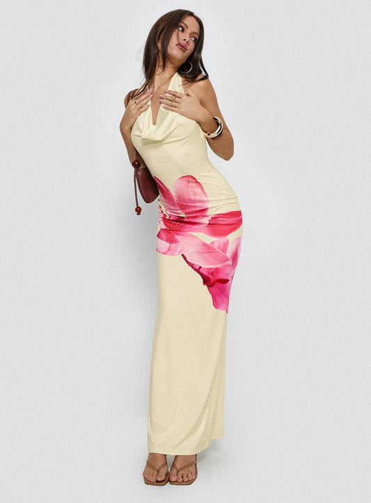 Raleina Halter Cowl Neck Maxi Dress Lemon Floral