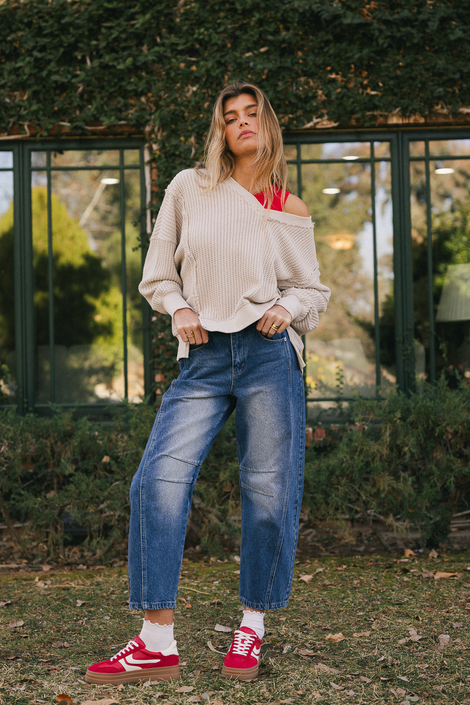 Ellis Waffle Knit Top in Light Grey - FINAL SALE