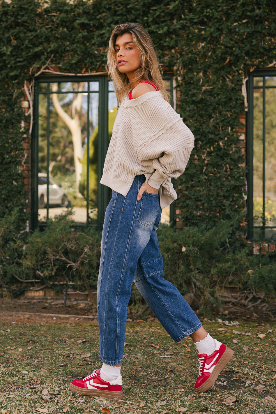 Ellis Waffle Knit Top in Light Grey - FINAL SALE