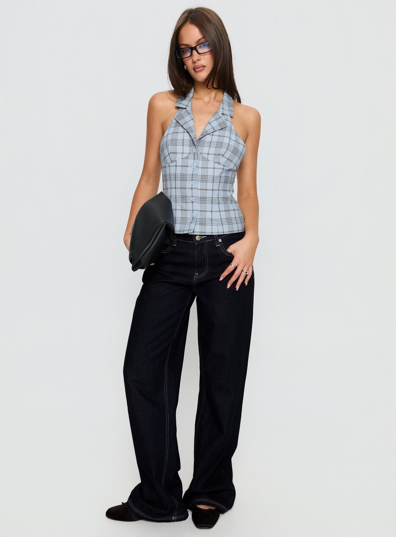 Lure Button Up Sleeveless Top Baby Blue Plaid