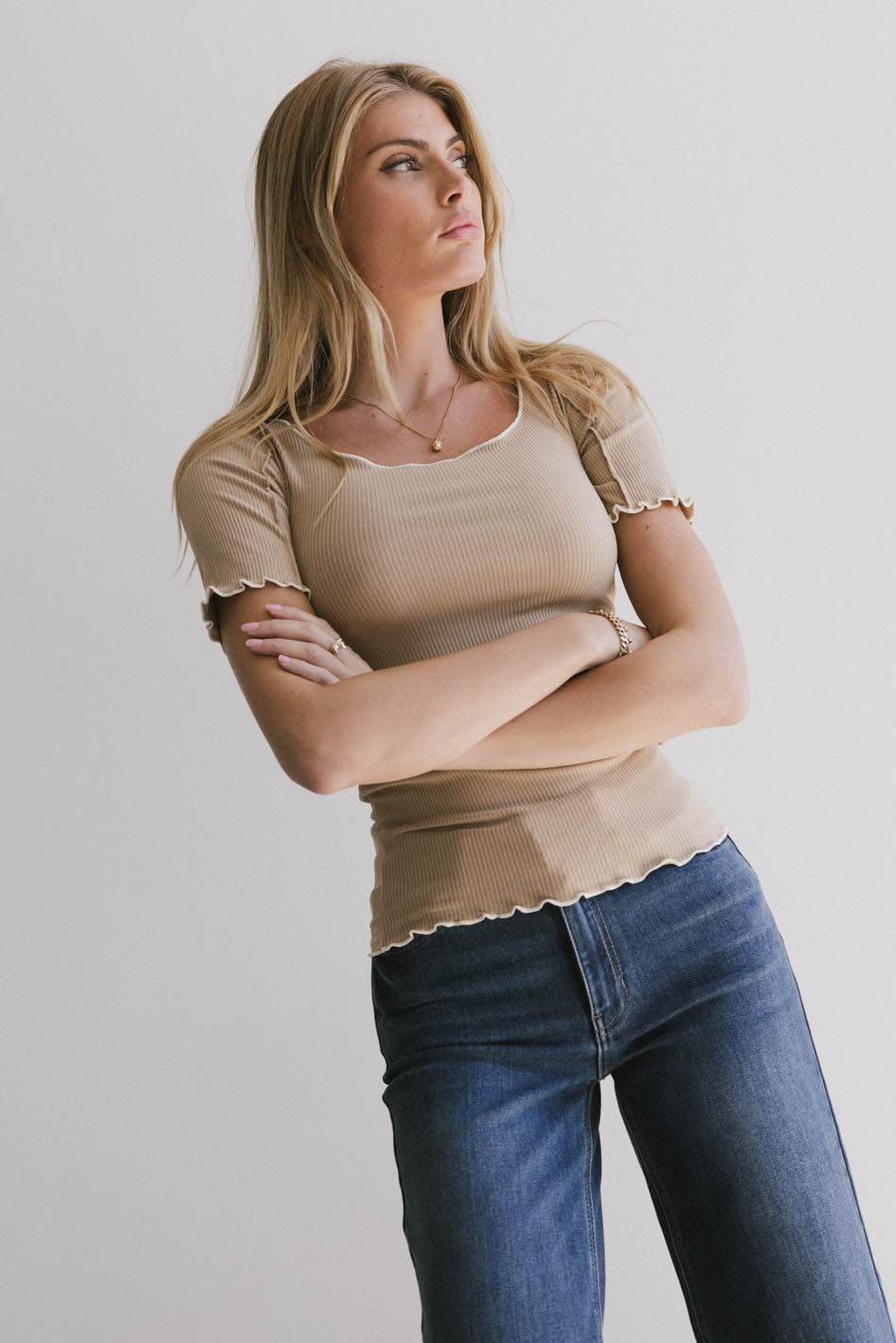 Carly Lettuce Edge Tee in Taupe - FINAL SALE