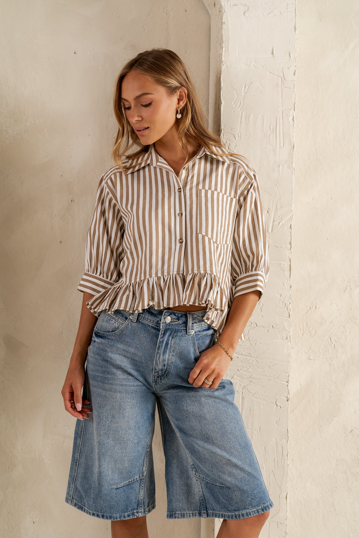 Avery Striped Blouse in Tan - FINAL SALE