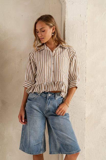 Avery Striped Blouse in Tan - FINAL SALE