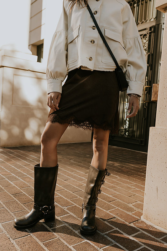 Harper Lace Trim Mini Skirt in Brown - FINAL SALE