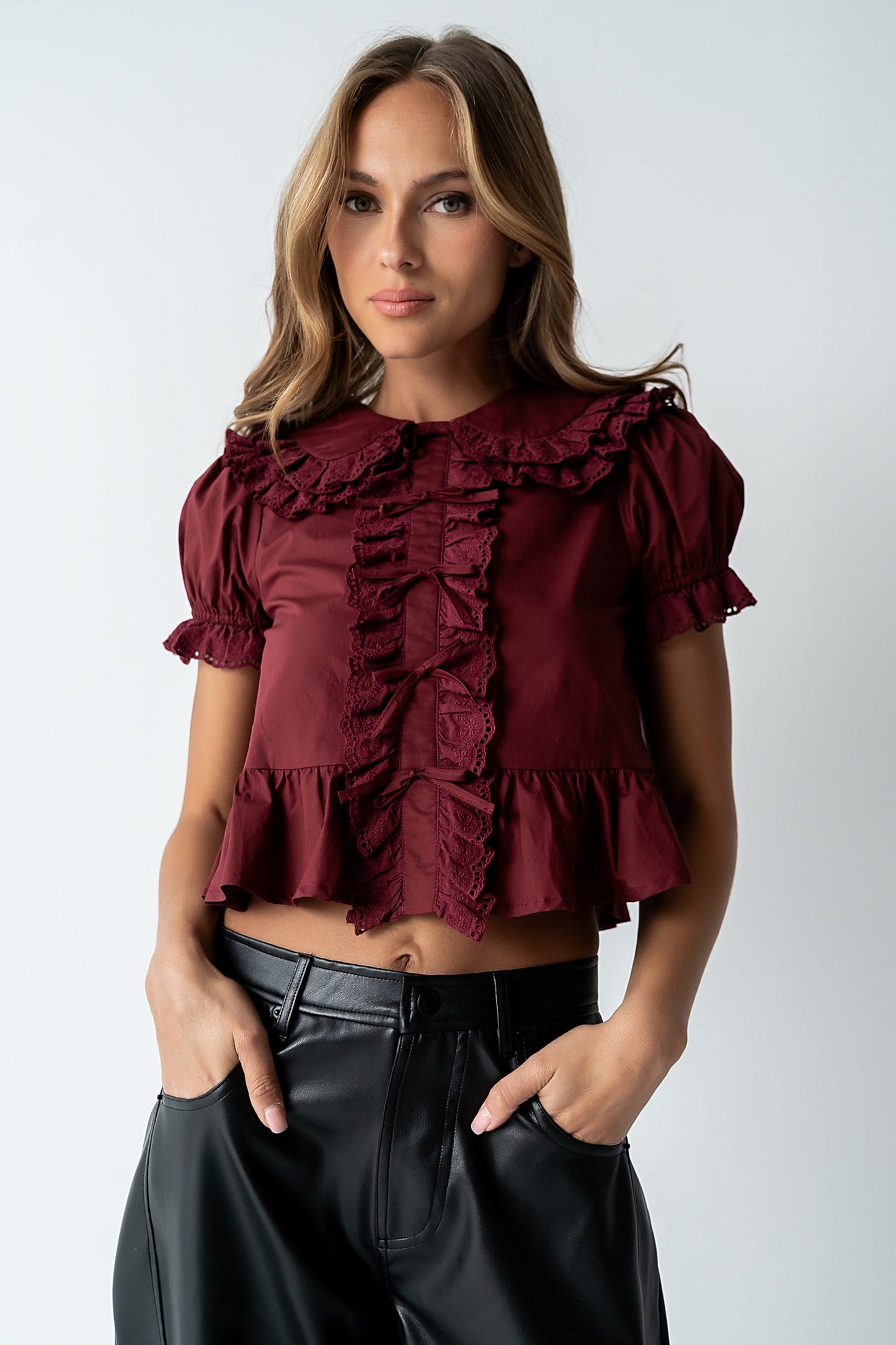 Chrissy Lace Trim Blouse in Burgundy - FINAL SALE