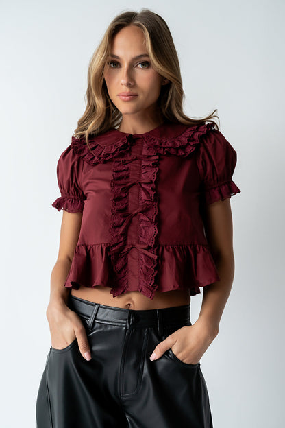 Chrissy Lace Trim Blouse in Burgundy - FINAL SALE