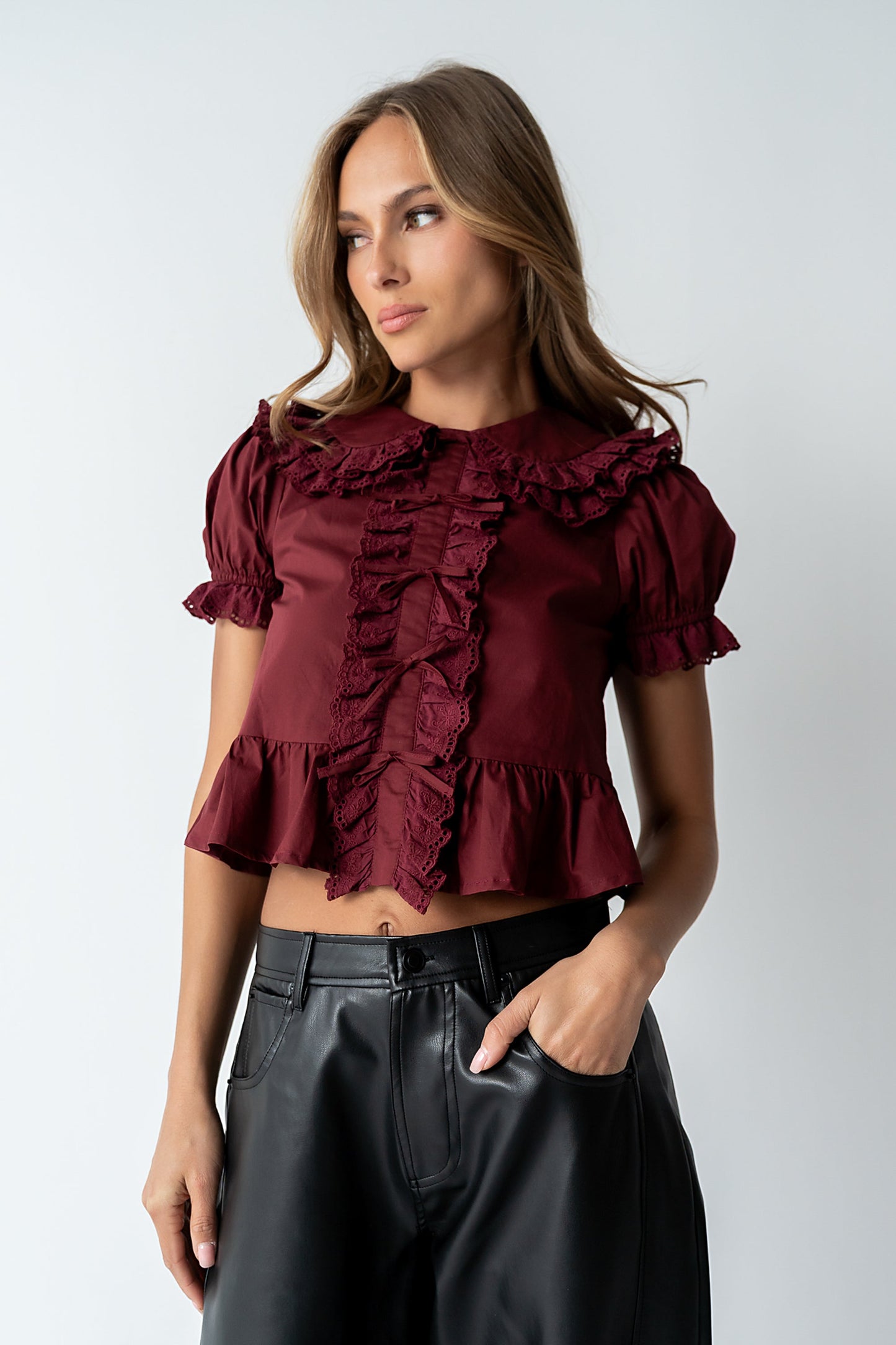 Chrissy Lace Trim Blouse in Burgundy - FINAL SALE