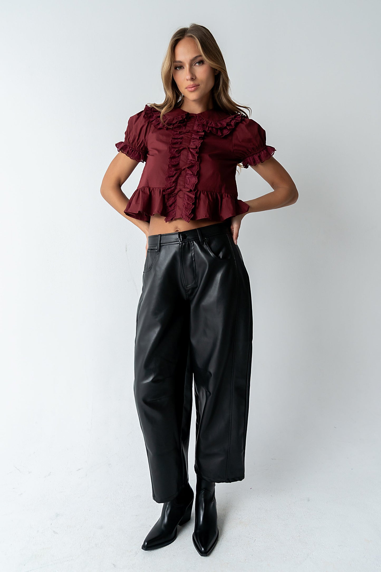 Chrissy Lace Trim Blouse in Burgundy - FINAL SALE