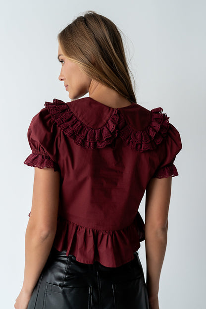 Chrissy Lace Trim Blouse in Burgundy - FINAL SALE