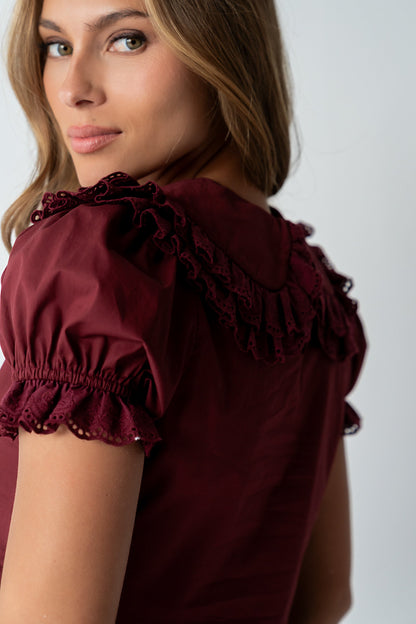 Chrissy Lace Trim Blouse in Burgundy - FINAL SALE