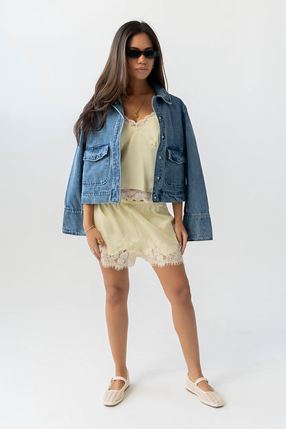 Bricelyn Lace Trim Satin Shorts in Yellow