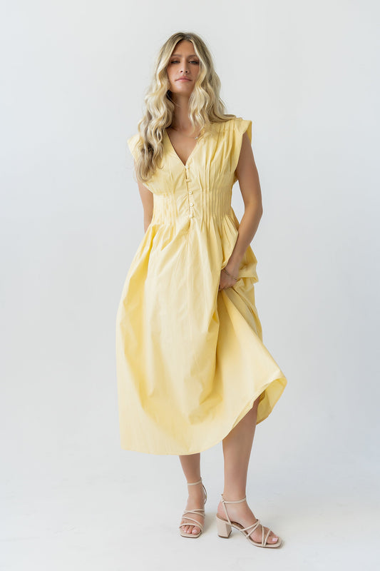Barb Pleated Midi Dress in Yellow