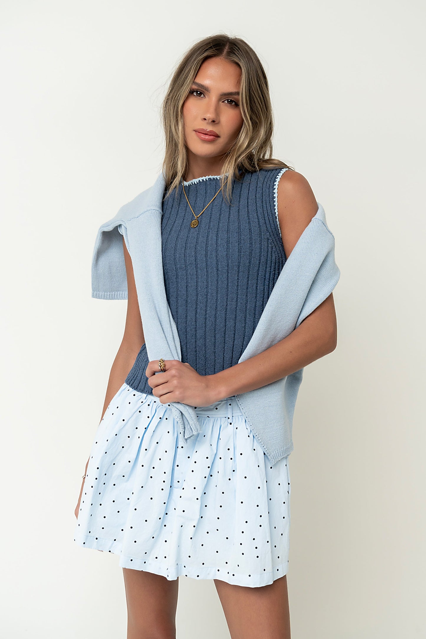 Gentry Contrast Ribbed Tank in Blue