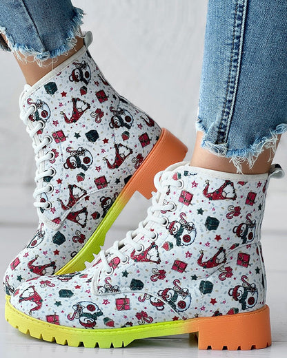 Christmas Gnomes Snowman Graphic Print Ombre Lace up Ankle Boots