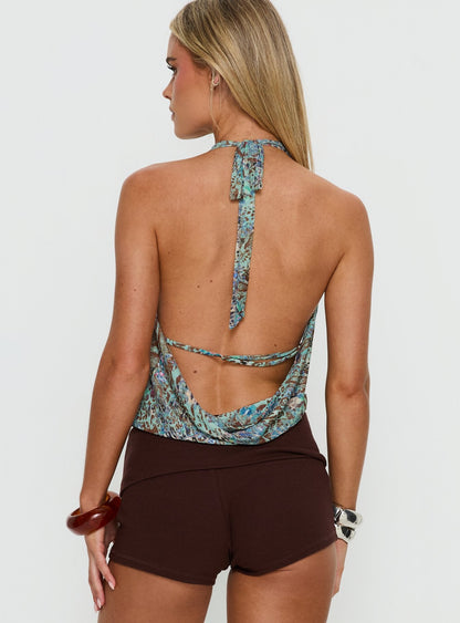 Carefree Days Cowl Neck Top Blue Leopard