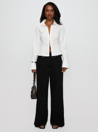 By The Phone Long Sleeve Collared Top White