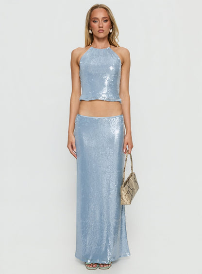 Emalia Sheer Sequin Maxi Skirt Blue
