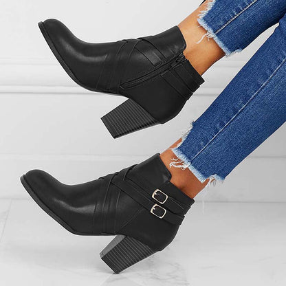 Crisscross Buckle Chunky Heel Ankle Boots Side Zipper Booties