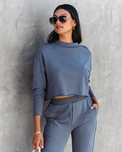 Airport Glam Cotton Mock Neck Long Sleeve Top - Grey Blue