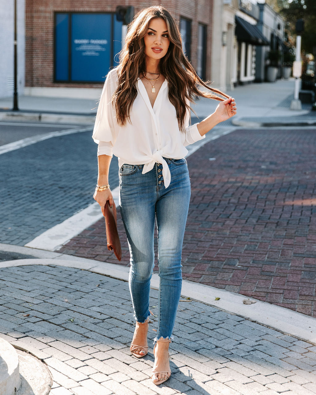 Attention To Detail Button Down Tie Blouse - White