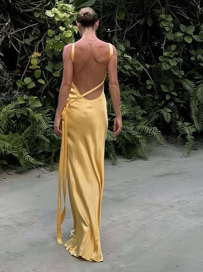 Semi-Sheer Satin Asymmetrical One Shoulder Long Dress
