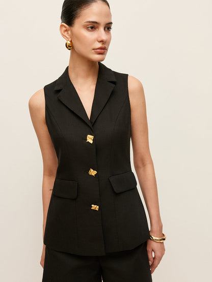 Cotton & Linen Button Detail Pockets Vest