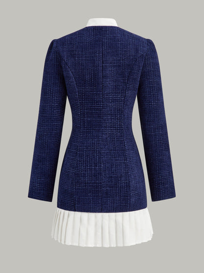 Pleated Hem Bow Neckline Tweed Mini Dress