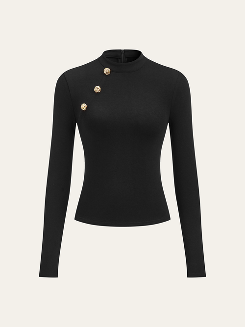 Metal Detail Mock Neck Long Sleeve T-Shirt