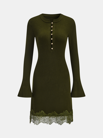 Wool Blend Lace Hem Metal Button Mini Dress