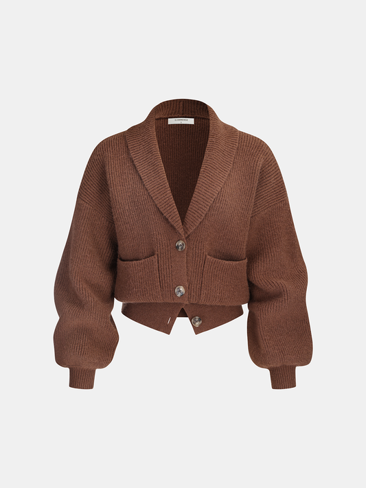 Ribbed Knit Cropped Shawl Collar Cardigan