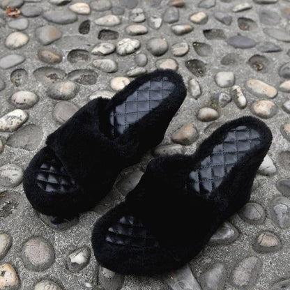 Chic Fur Platform Wedge Slippers
