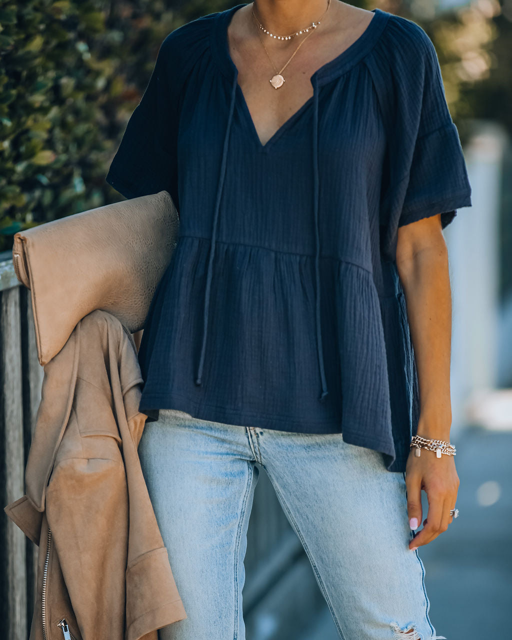 Candid Cotton Peplum Top - Navy