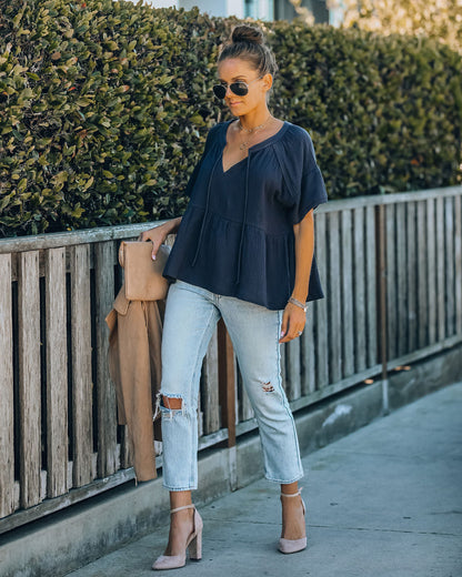 Candid Cotton Peplum Top - Navy