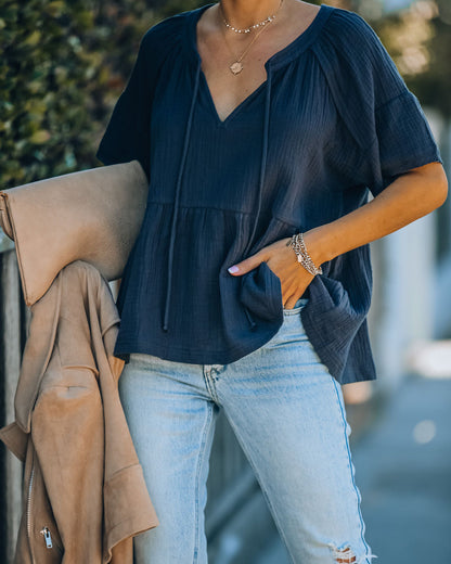 Candid Cotton Peplum Top - Navy