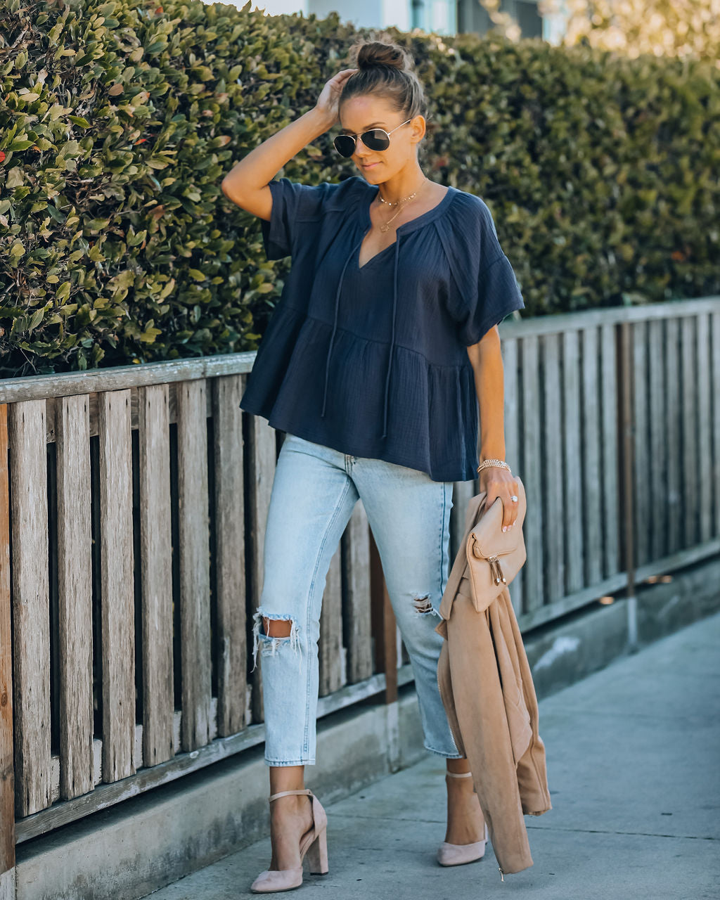 Candid Cotton Peplum Top - Navy