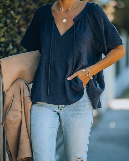 Candid Cotton Peplum Top - Navy