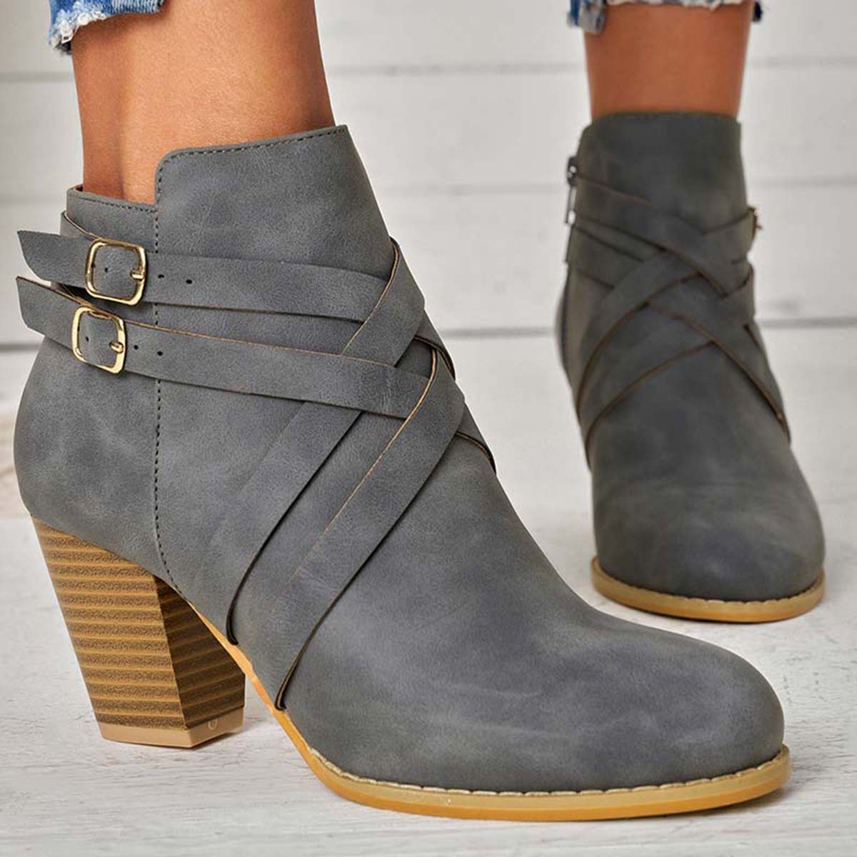 Crisscross Buckle Chunky Heel Ankle Boots Side Zipper Booties