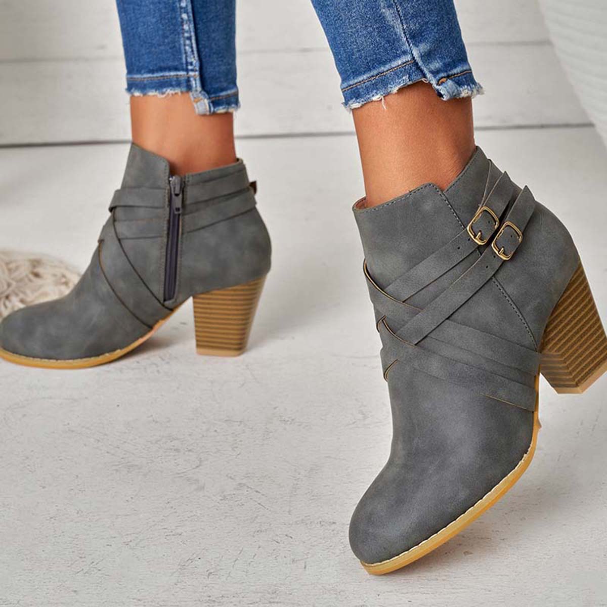 Crisscross Buckle Chunky Heel Ankle Boots Side Zipper Booties