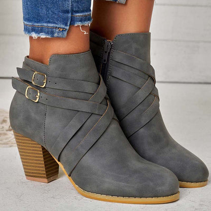 Crisscross Buckle Chunky Heel Ankle Boots Side Zipper Booties