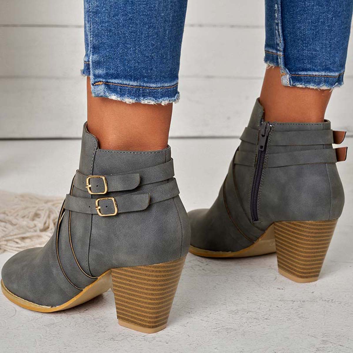 Crisscross Buckle Chunky Heel Ankle Boots Side Zipper Booties