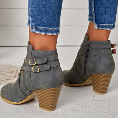 Crisscross Buckle Chunky Heel Ankle Boots Side Zipper Booties