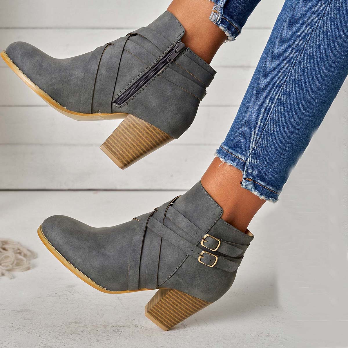 Crisscross Buckle Chunky Heel Ankle Boots Side Zipper Booties