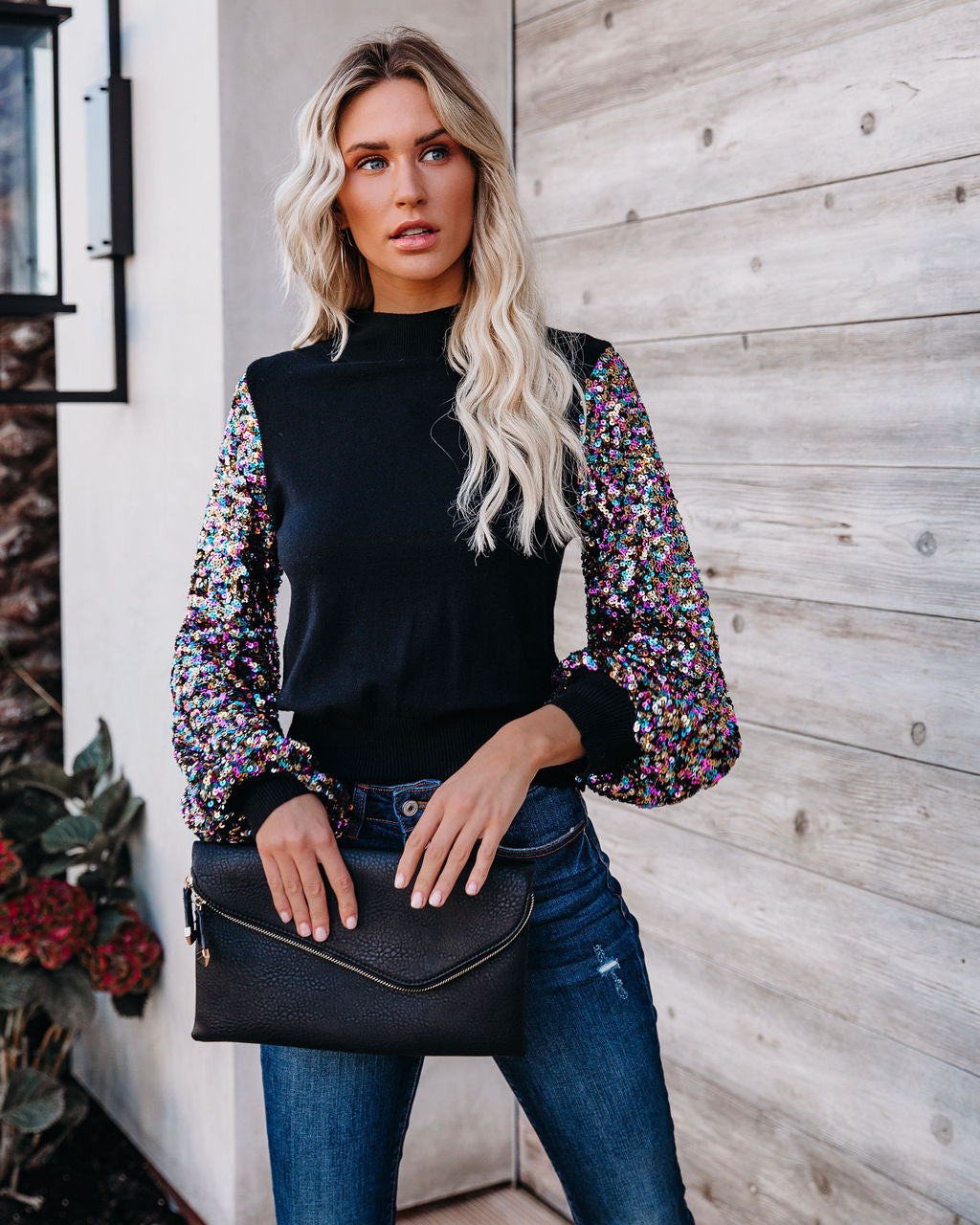Disco Fever Sequin Sleeve Mock Neck Knit Top