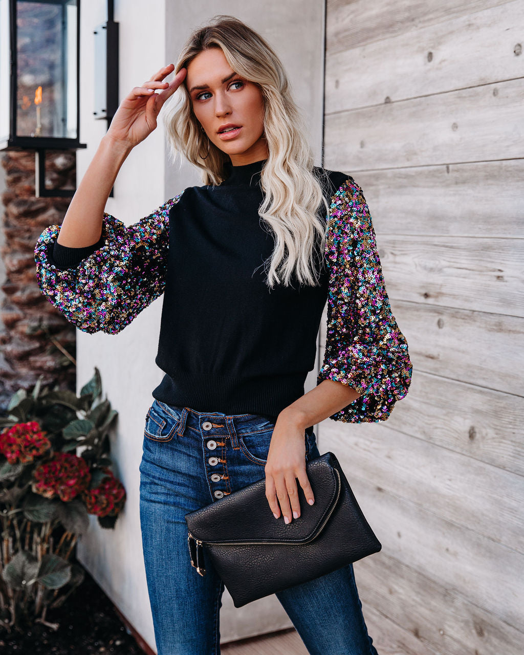 Disco Fever Sequin Sleeve Mock Neck Knit Top