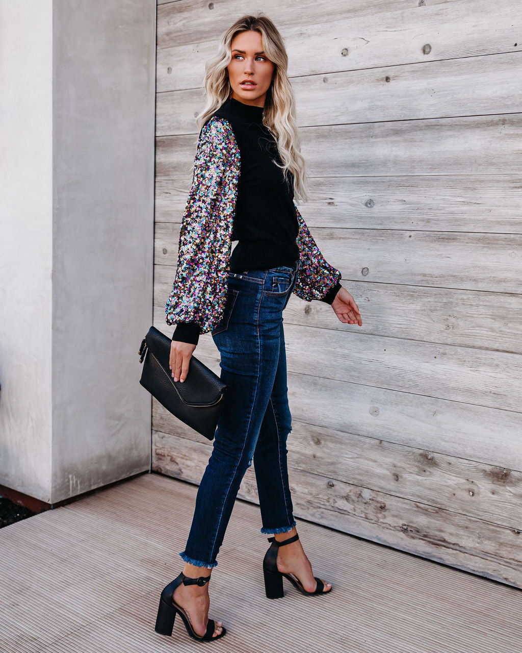Disco Fever Sequin Sleeve Mock Neck Knit Top