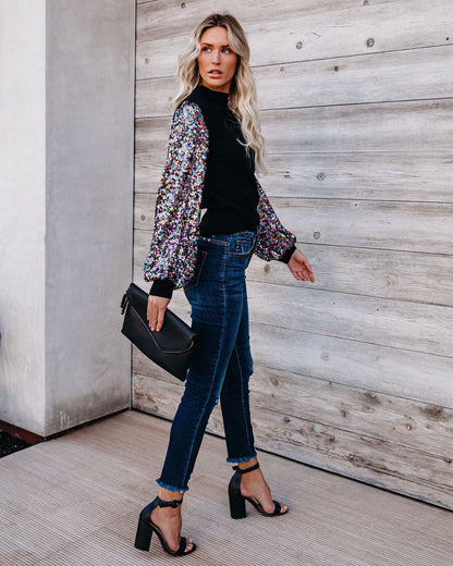 Disco Fever Sequin Sleeve Mock Neck Knit Top