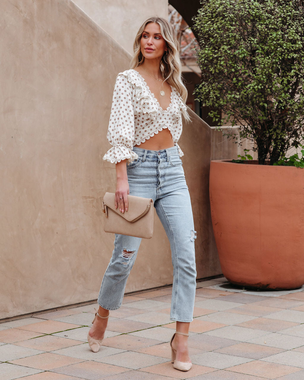 Edna Cotton Blend Crochet Polka Dot Crop Top - Cream